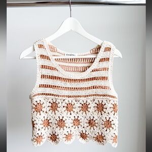 Vinceotto Floral Crochet Crop Top Festival Cottagecore Boho Sleeveless PTP: 17”